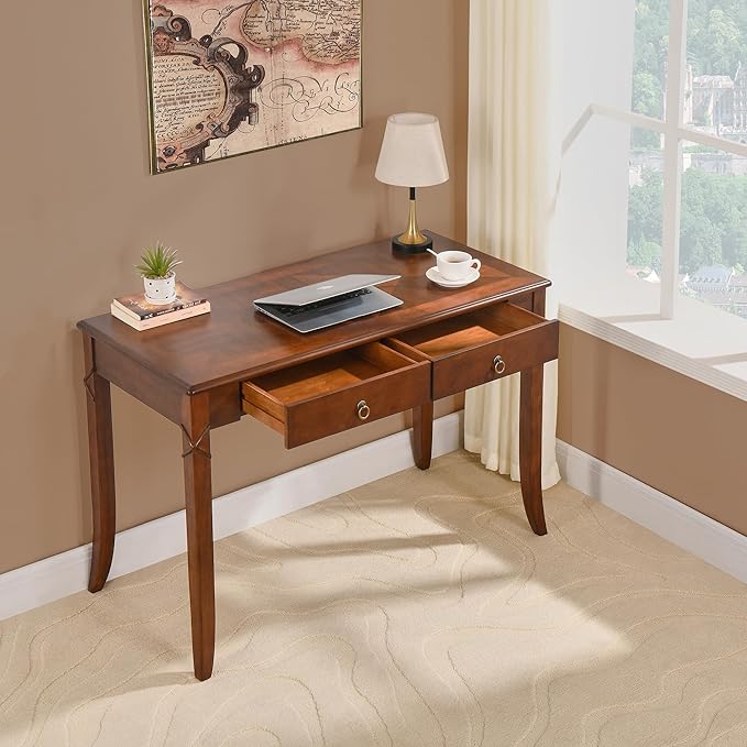Traditional Home Office Desk with 2 Storage Drawers, Solid Wood Computer Desk with Elegant Carved Legs,Vanity Desk, Writing Desk, Corner Table for Living Room, Easy Assembly Cherry Brown BSZ-DR200