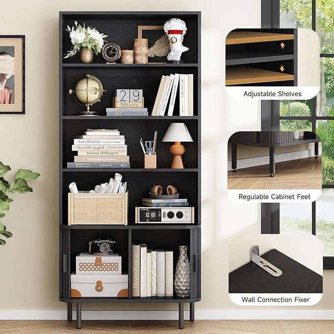 ONBRILL 71" Tall Bookshelf, 4-Tier Bookcase with Storage Cabinet & Adjustable Shelves, Floor Standing Wooden Bookshelf with Sliding Door and Adjustable Footpad, for Home Office, Living Room, Black