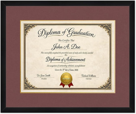 Diploma Frame Matte Black with Dark Red Over Gold Double Mat - Fits 17 x 13 International Diploma Wall Display Made in the USA