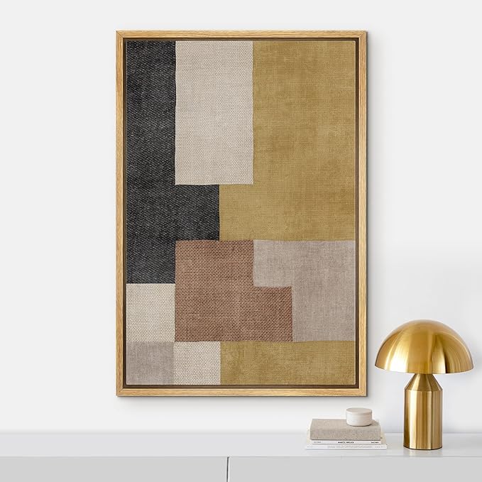 IDEA4WALL Framed Canvas Print Wall Art Mid-Century Yellow Gray Blocks Abstract Geometric Illustrations Modern Art Minimalism Shapes Multicolor Boho for Living Room, Bedroom, Office - 24"x36" Natural