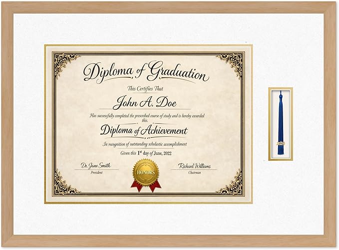Diploma Frame with Tassel Holder Natural Wood Shadowbox Oyster Shell Over Gold Mat - Fits 17 x 13 Degree Made in the USA