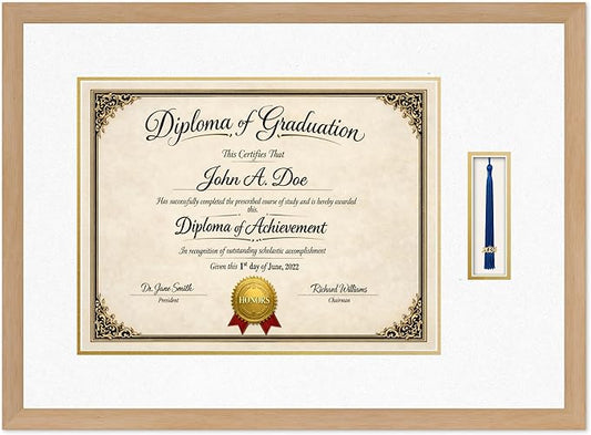 Diploma Frame with Tassel Holder Natural Wood Shadowbox Oyster Shell Over Gold Mat - Fits 17 x 13 Degree Made in the USA