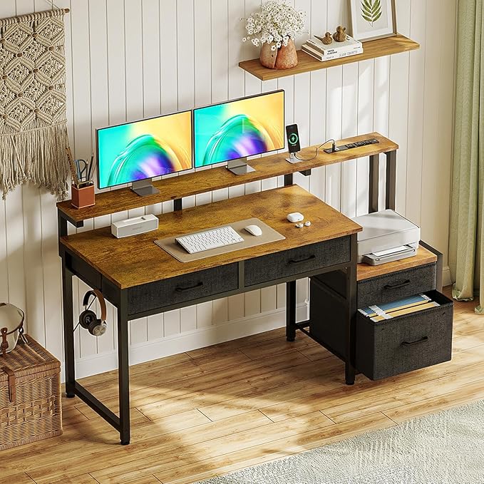 AODK Computer Desk with 4 Drawers, 48 Inch Office Desk with Printer Shelf & Built-in Power Outlet, Work Desk with Monitor Shelf for Home Small Spaces, Rustic Brown