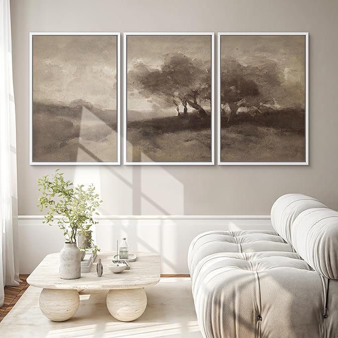 SIGNWIN Framed Canvas Print Wall Art Set Sepia-Toned Abstract Trees Vintage Landscape Illustrations Modern Art Decorative for Living Room, Bedroom, Office - 24"x36"x3 White