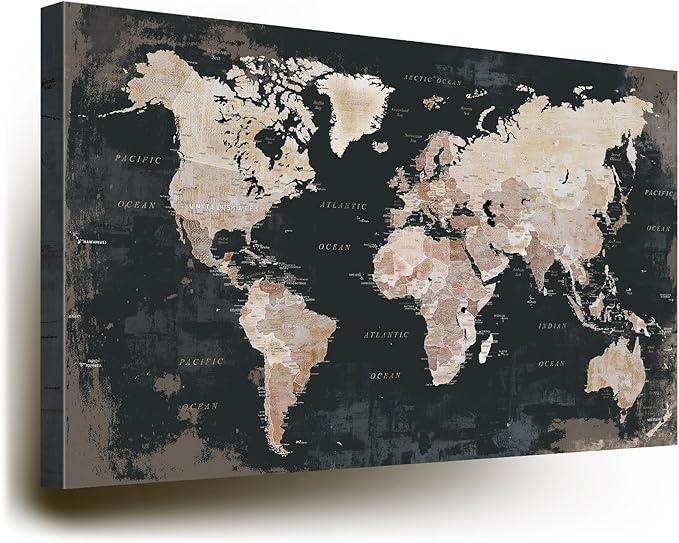 Large Wall Decor Living Room Wall Art Framed Office Pictures World Maps for Wall Canvas Paintings Contemporary Black and White Artwork