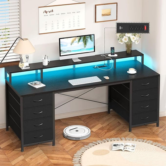 60 Inch Computer Desk with 8 Drawers, Gaming Desk with LED Lights & Power Outlets, Home Office Desk with Monitor Stand, Black