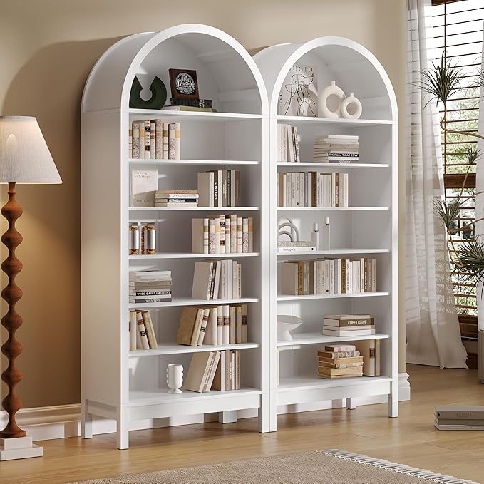 Tall Arched Bookshelf, 7-Tier Bookcase with 3 Adjustable Shelves, Modern Farmhouse Storage Shelf for Living Room, Entryway, Office, 29.5" W x 70.1" H x 13.8" D, White