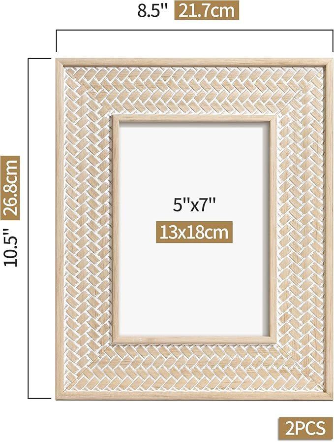 Afuly 5x7 Picture Frame Boho Picture Frames Nature Beige Bohemia Photo Frame for Office Bedroom Home Desk Wall Decor, Anniversary Wedding Gifts for Mom Grandma, Set of 2