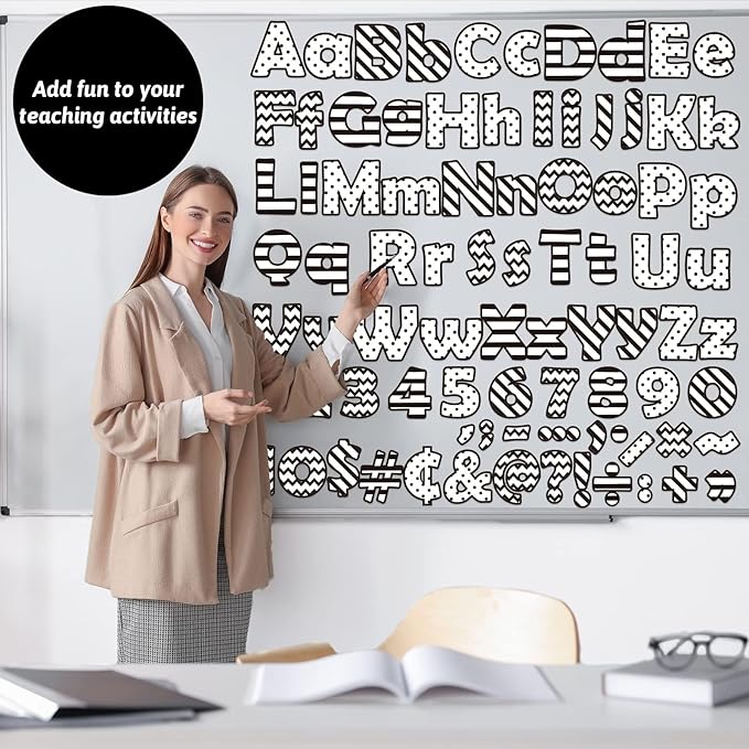 260 Pcs Black and White Bulletin Board Letters for Classroom 4” Letters Combo Pack Set Dots Stripe Classroom Decorations Alphabet Numbers Symbols Letters for Bulletin Board Classroom Decor