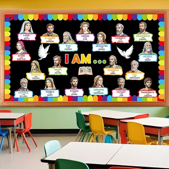 gisgfim Religious Bulletin Board Decorations Set I Am Bible Characters Classroom Decor Christian Paper Cutouts VBS Vacation Church Bulletin Board for Sunday School Home Chalkboard Wall