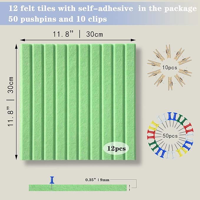 Large Cork Board Alternative-12 Pcs Self-Adhesive Felt Bulletin Board Tiles, Felt Pin Board Cork Board Tiles for Home Office Wall Decor, Tack Board 47"x35" (Green