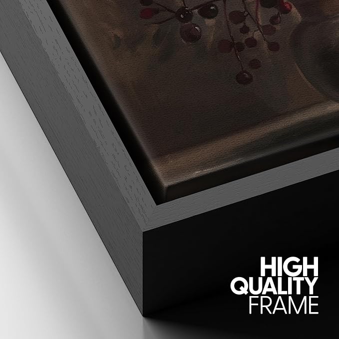 SIGNFORD Framed Canvas Print Wall Art Rustic Berries in Vase Traditional Still Life with Warm Tones Illustrations Modern Art Decorative Relax/Calm for Living Room, Bedroom, Office - 16"x24" Black
