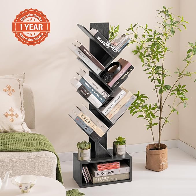 Yoobure Tree Bookshelf - 6 Shelf Retro Floor Standing Bookcase, Tall Wood Book Storage Rack for CDs/Movies, Utility Book Organizer Shelves for Bedroom, Living Room, Home Office, Dark Grey