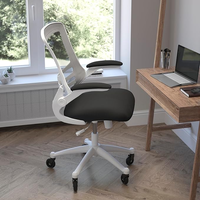 Flash Furniture Kelista Mid-Back Black Mesh Swivel Ergonomic Task Office Chair with White Frame, Flip-Up Arms, and Transparent Roller Wheels