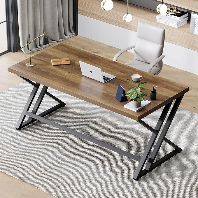 LVB Long Computer Desk, Big Industrial Home Office Desk, Large Metal Wood Writing Study Computer Table for Bedroom, Modern Executive Simple Gaming Work Desk for Student, Rustic Oak, 60 in