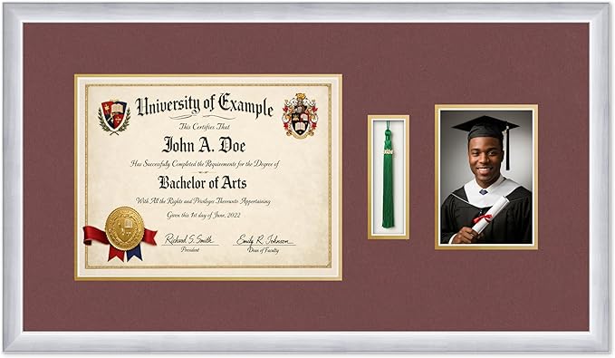 CountryArtHouse Diploma Tassel and Photo Shadowbox Fits 13 x 10 College Diploma (Traditional) with Stainless Silver Genuine Hardwood with Dark Red Over Metallic Gold Double mat