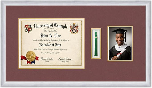 CountryArtHouse Diploma Tassel and Photo Shadowbox Fits 13 x 10 College Diploma (Traditional) with Stainless Silver Genuine Hardwood with Dark Red Over Metallic Gold Double mat