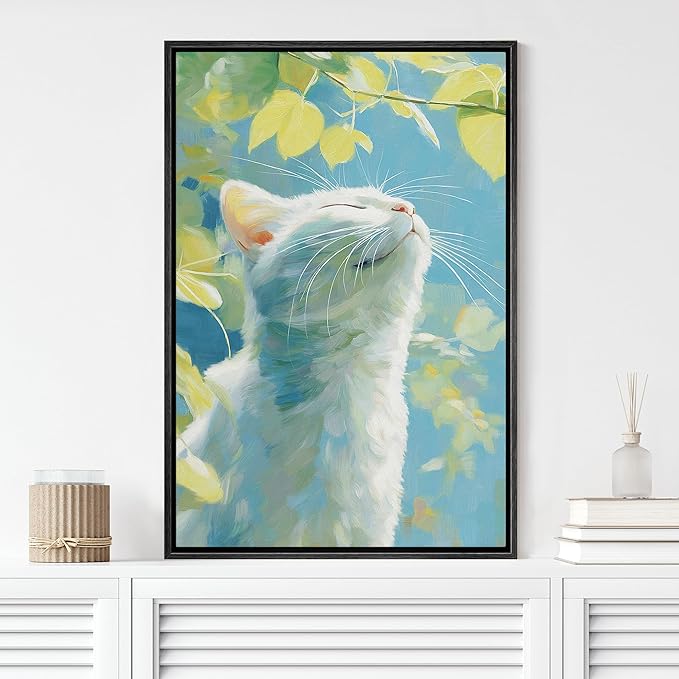 MUDECOR Framed Canvas Print Wall Art Sunlit White Catwork Illustrations Minimalism Decorative Relax Colorful for Living Room, Bedroom, Office - 24"x36" Black