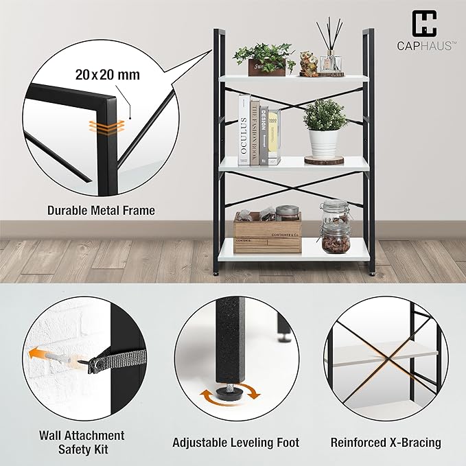 CAPHAUS 2 Tier Small Bookshelf, Bookcase Shelf Storage Organizer for Living Room, 24 Inch Width Free Standing Shelf, Industrial Book Shelves for Home Office, White Shelves & Metal Frame