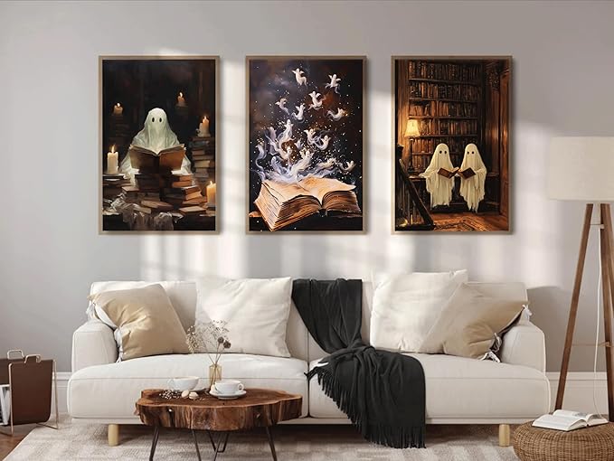 3Pcs Halloween Cute Vintage Ghost Wall Art Library Ghost Reading Books Painting Picturts Wall Decor Gothic Dark Academia Posters Print Artwork for Bedroom Living Room Home Decoration Unframed