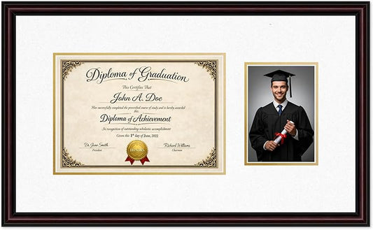 Diploma Frame With Photo Opening Executive Brown Oyster Shell Over Gold Mat - Fits 11.69 x 8.27 Degree and Picture Made in the USA