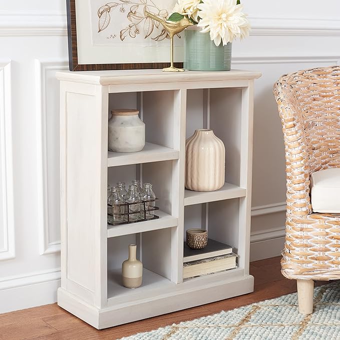 SAFAVIEH Home Collection – Maralah 5-Shelf Solid Wood Bookcase, White Wash, 25" Wide Storage Display Shelf, Fully Assembled (AMH6634E)