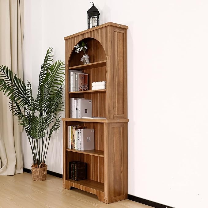71" Tall Narrow Arched Bookshelf, Mid Century Modern 5-Tier Arched Narrow Storage Bookcase with Adjustable Open Display Shelf for Office, Living Room (Walnut)