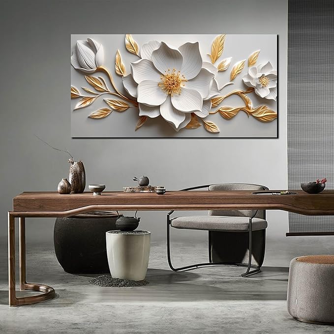 Canvas Wall Art for Living Room Bedroom Office White and Gold Flower Artwork Large Botanical Wall Art Framed Wall Decor Modern Canvas Prints 24x48 In