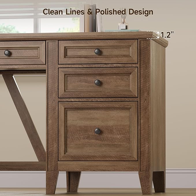 ONBRILL 54 Inch Farmhouse Executive Desk, Computer Desk with Storage Drawers & File Drawer, Modern Home Office Desk with Charging Station for Working, Studying, Writing, Brown (Brown)
