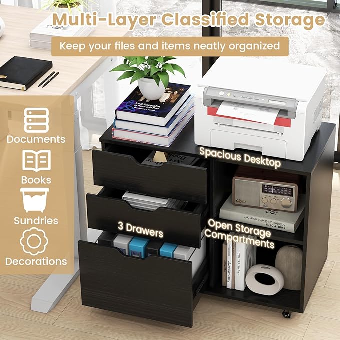 3 Drawer File Cabinet, Wood Lateral Filing Cabinet for Hanging Letter, A4, Legal Size, Rolling Printer Stand with Adjustable Shelf, Under Desk Storage for Home Office (Black)