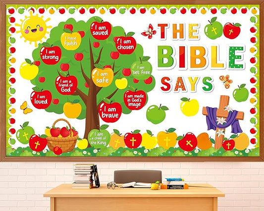 gisgfim Apple Tree Christian Bulletin Board Decorations Set Fall Religious Inspirational Paper Cutouts Jesus Bible Bulletin Board Decor for Sunday School Classroom Chalkboard Wall