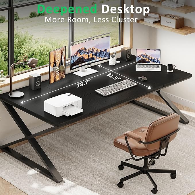 IBF Black Desk, Large Home Office Work Desk, 78.7” Long Computer Desks, Simple Wide Study Writing Desk, Wood Metal Double PC Executive Workstation Gaming Desk Computer Table for Bedroom, Black Oak