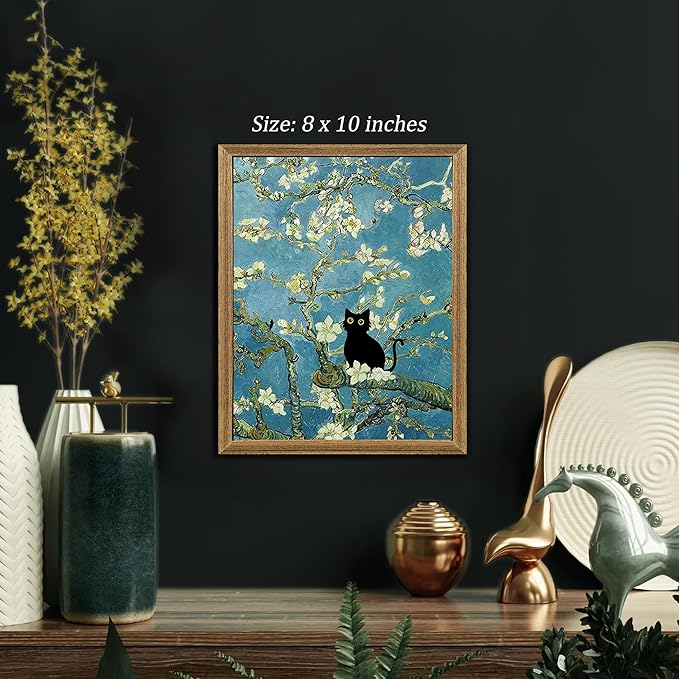 Fantasy Artists Van Gogh's Almond Blossom Funny Black Cat Canvas Wall Art, Oil Painting Posters Home Decor, Vintage Abstract Aesthetic Wall Decorations for Living Room Bedroom, 8" X 10"
