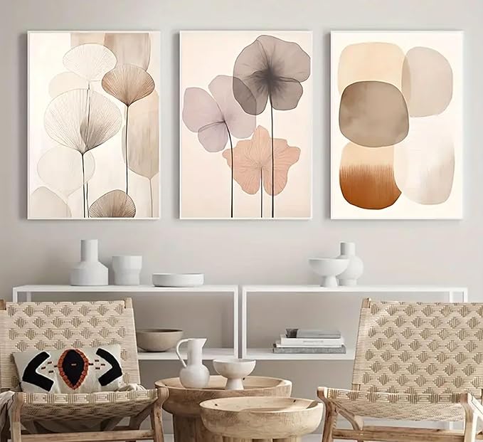 EVPYXFUT 3pcs Neutral Beige Wall Art Abstract Botanical Canvas Prints Modern Simple Flower Paintings Poster Wabi-sabi Geometric Wall Decor Boho Plant Pictures For Bedroom living room Unframed