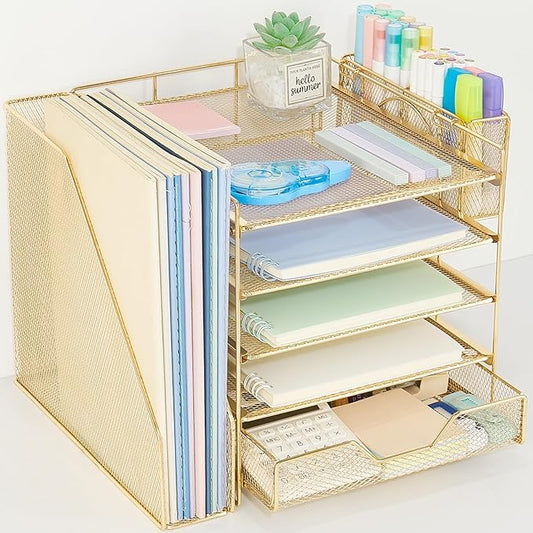 Desk Organizer, 5-Tier Paper Letter Tray Organizer with File Holder, Drawer and Pen Holder, Desktop Organizer for Office Supplies, Gold