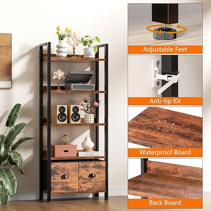 Furologee 5-Tier Bookshelf Set of 2,Tall Bookcase with 2 Drawers and Shelves, Industrial Display Free Standing Shelf Units, Storage Rack Organizer for Bedroom, Living Room, Home Office, Rustic Brown