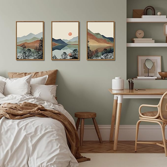 AKWISH Mountain Canvas Wall Art Set of 3, Boho Watercolor Poster Prints Paintings, Sun Forest Abstract Nature Landscape Artwork Wall Decor for Living Room, Bedroom, Office 16x24 In Brown Framed