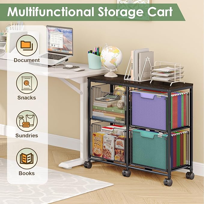4 Drawer Lateral File Cabinet, Mobile Filing Cabinet, Printer Stand with Wheels Under Desk Storage Office Storage Cabinet Fits Letter Size for Home Office, Black