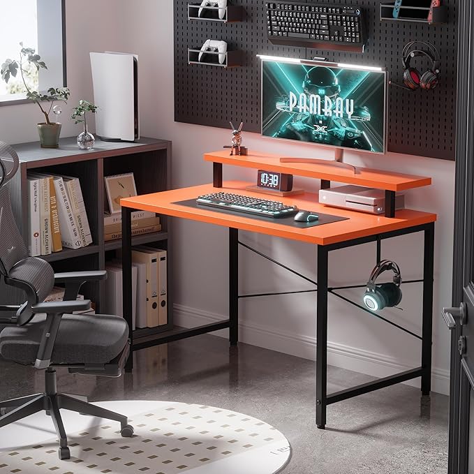 Pamray 32 Inch Small Computer Desk with Monitor Stand, Simple Office Desk with Headphone Hook for Small Spaces, Kids Study Writing Table for Bedroom, Orange