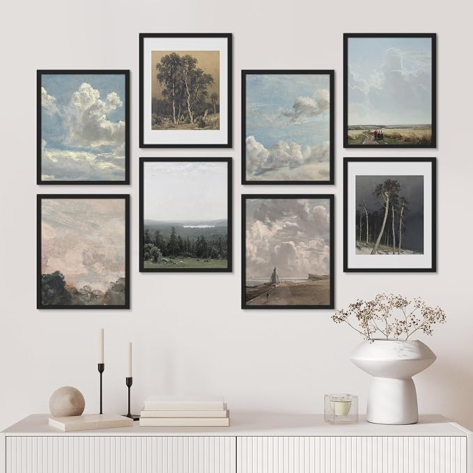 SIGNWIN Framed Poster Wall Art Set of Vintage Landscape Wall Antique Tree Cloud Art Rustic Framhouse Decor for Living Room, Bedroom, Office - 12"x16"x 8 Black