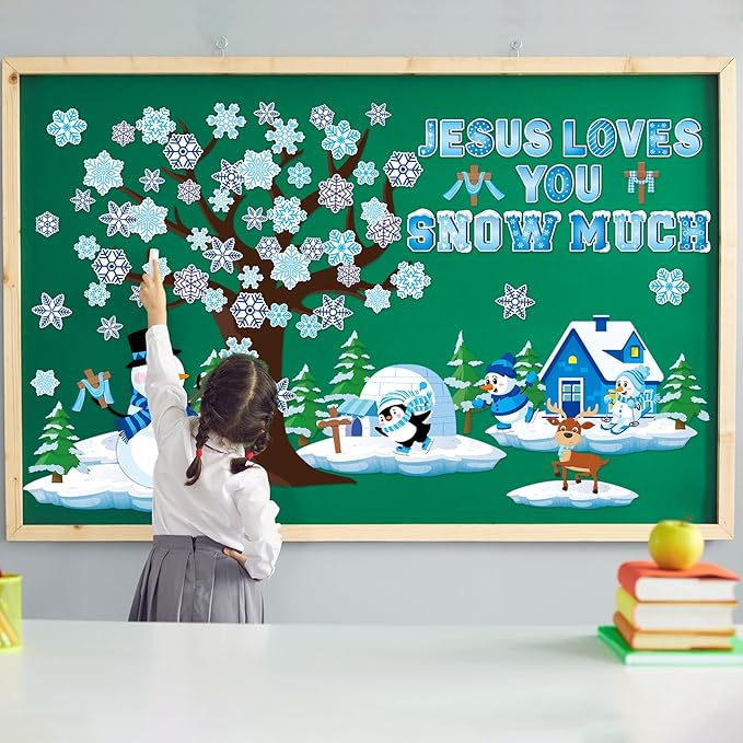 gisgfim Winter Bulletin Board Decorations Winter Snowflakes Snowman Tree Paper Cutouts Christmas Christian Bulletin Board Cutouts for Classroom Religious School Door Christmas Home Wall Decor Supplies