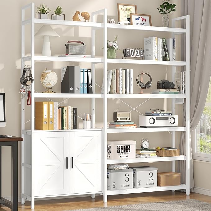 Semoic 6-tire Farmhouse White Corner Book Shelf with 2 Barn Doors and 10 Storage Shelves, 71.3" Tall Convertible Etagere Bookcase with Storage Cabinet, Large L Shaped Bookshelf for Living Room(White)