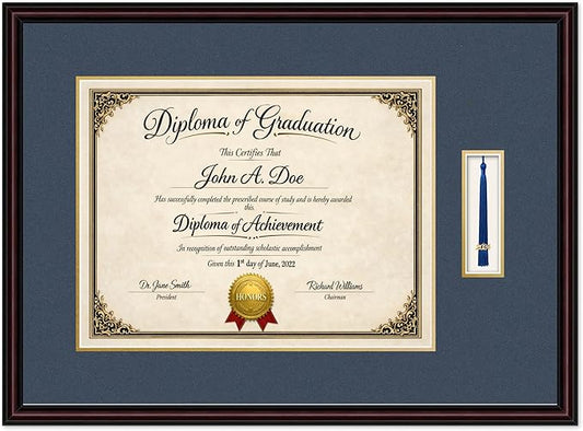Diploma Frame with Tassel Holder 27.25 x 20 Executive Brown Shadowbox Navy Blue Over Gold Mat - Fits 17 x 13 Degree Made in the USA