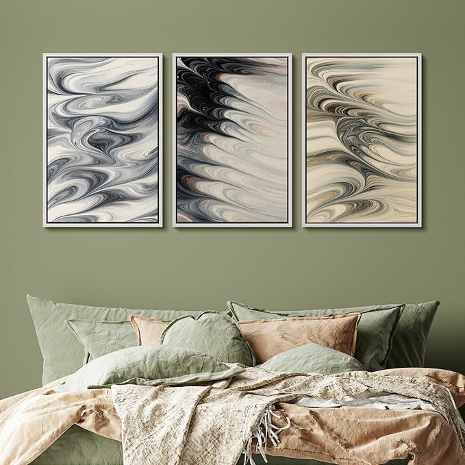 SIGNFORD Framed Wall Art Print Set Neutral Marble Swirl Abstract Elegant Fluid Pattern Digital Art Modern Art Contemporary for Living Room, Bedroom, Office - 16"x24"x3 WHITE