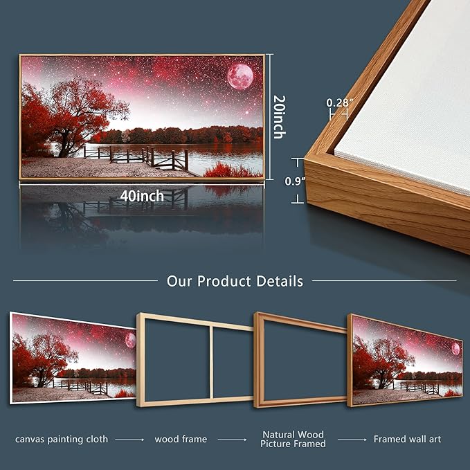 Lapremoly Red Tree Wall Art - Large Wall Decor for Living Room, Bedroom - Starry Sky Moon Landscape - Wood Framed 20" X 40"