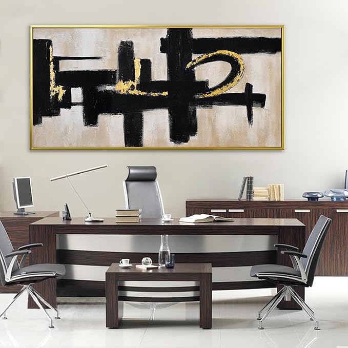 QSQ Black And Off-White Wall Art Abstract Picture Paintings On Canvas Art Wall Decor 29 x 58 Inches Large Gold Framed Wall Art Living Room Minimalism Abstract Wall Decor Bedroom Office Artwork