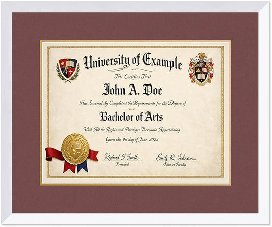 CountryArtHouse Diploma Frame Fits 17 x 13 International Diploma - Keepsake Graduation Display Bright White Genuine Hardwood with Dark Red Over Metallic Gold Double mat