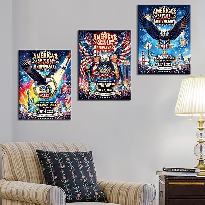 DINGFUN America's 250th Anniversary Wall Art 3 Piece Canvas Set, USA Semiquincentennial Patriotic Decor, 1776-2026 Independence Day Framed Poster for Office and Living Room, 36x16 Inch