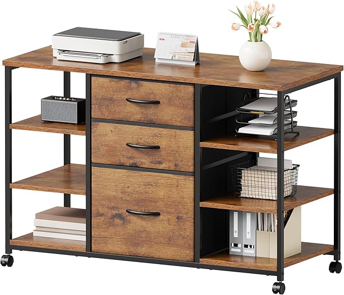 Mobile File Cabinet,Lateral Filing Cabinet with 3 Fabric Drawers,Rolling Printer Stand with 4 Open Storage Shelf for Home Office,Rustic Brown