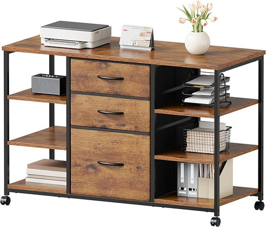 Mobile File Cabinet,Lateral Filing Cabinet with 3 Fabric Drawers,Rolling Printer Stand with 4 Open Storage Shelf for Home Office,Rustic Brown
